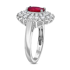Niassa Ruby (FF) and White Zircon 2.90 ctw Crimson Starburst Ring in Rhodium Over Sterling Silver (Size 5.0)