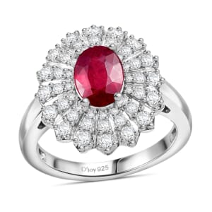 Niassa Ruby (FF) and White Zircon 2.90 ctw Crimson Starburst Ring in Rhodium Over Sterling Silver (Size 7.0)