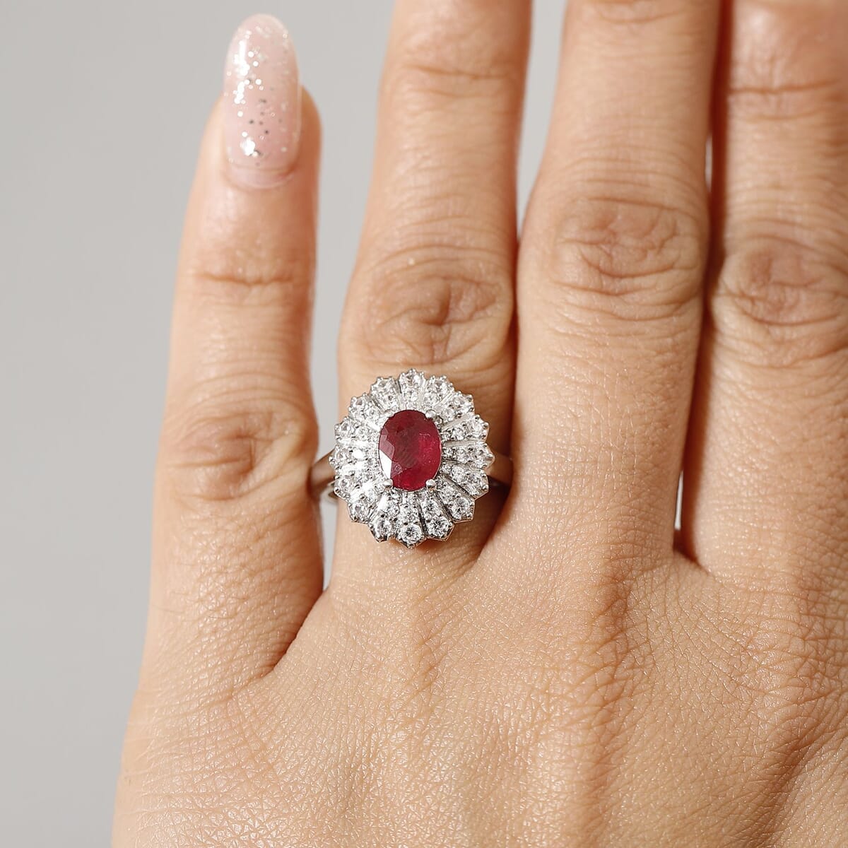 Niassa Ruby (FF) and White Zircon 2.90 ctw Crimson Starburst Ring in Rhodium Over Sterling Silver (Size 7.0) image number 2