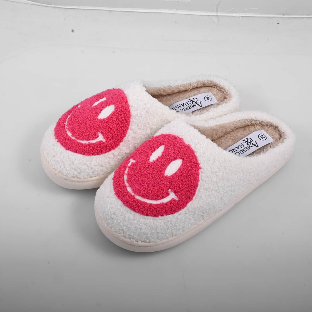 American Exchange Fuchsia White Smiley Face Fur Slippers Fuchsia - S   image number 1