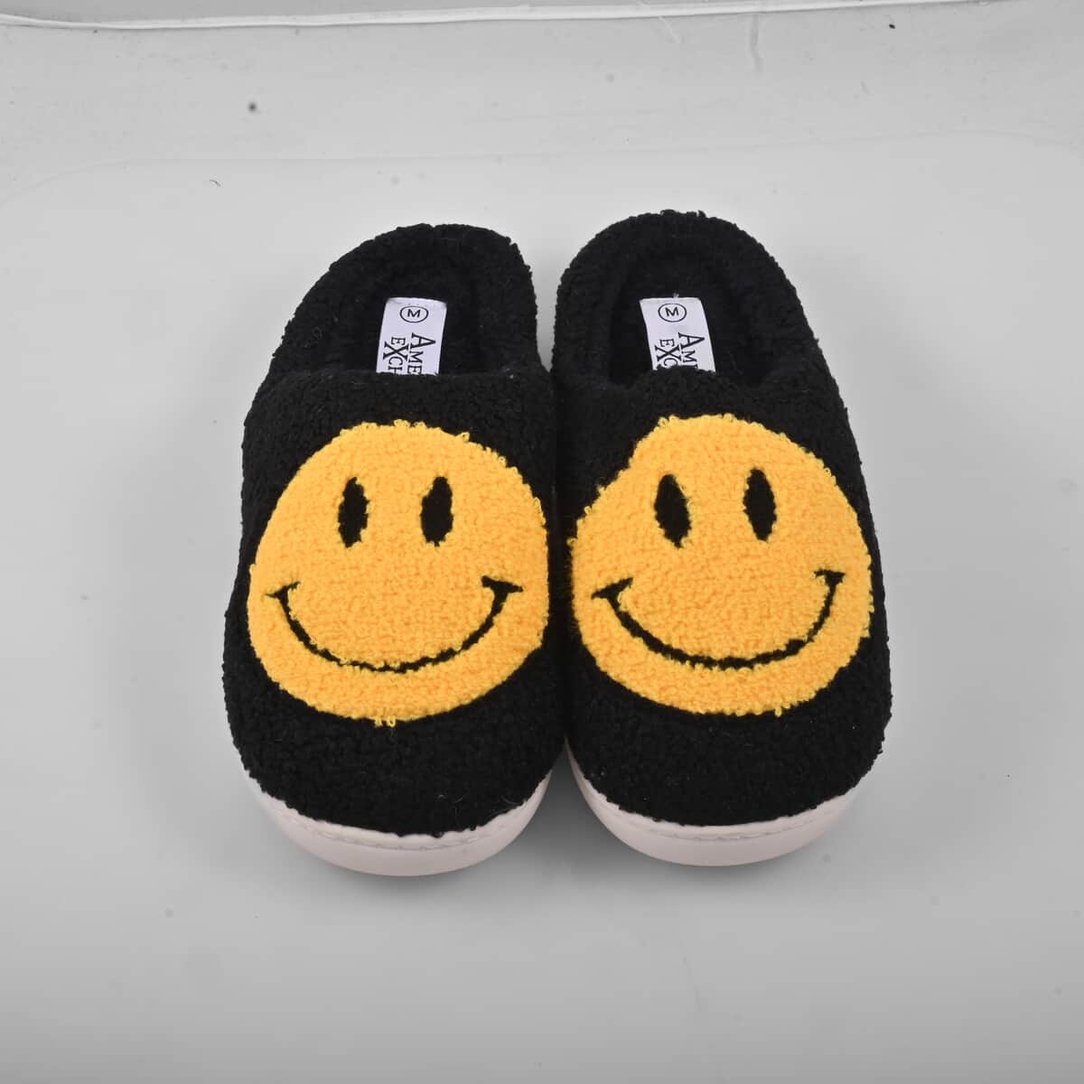 American Exchange Women's Black Smiley Face Memory Foam Slippers - Large (Ships in 5 Business Days) image number 0