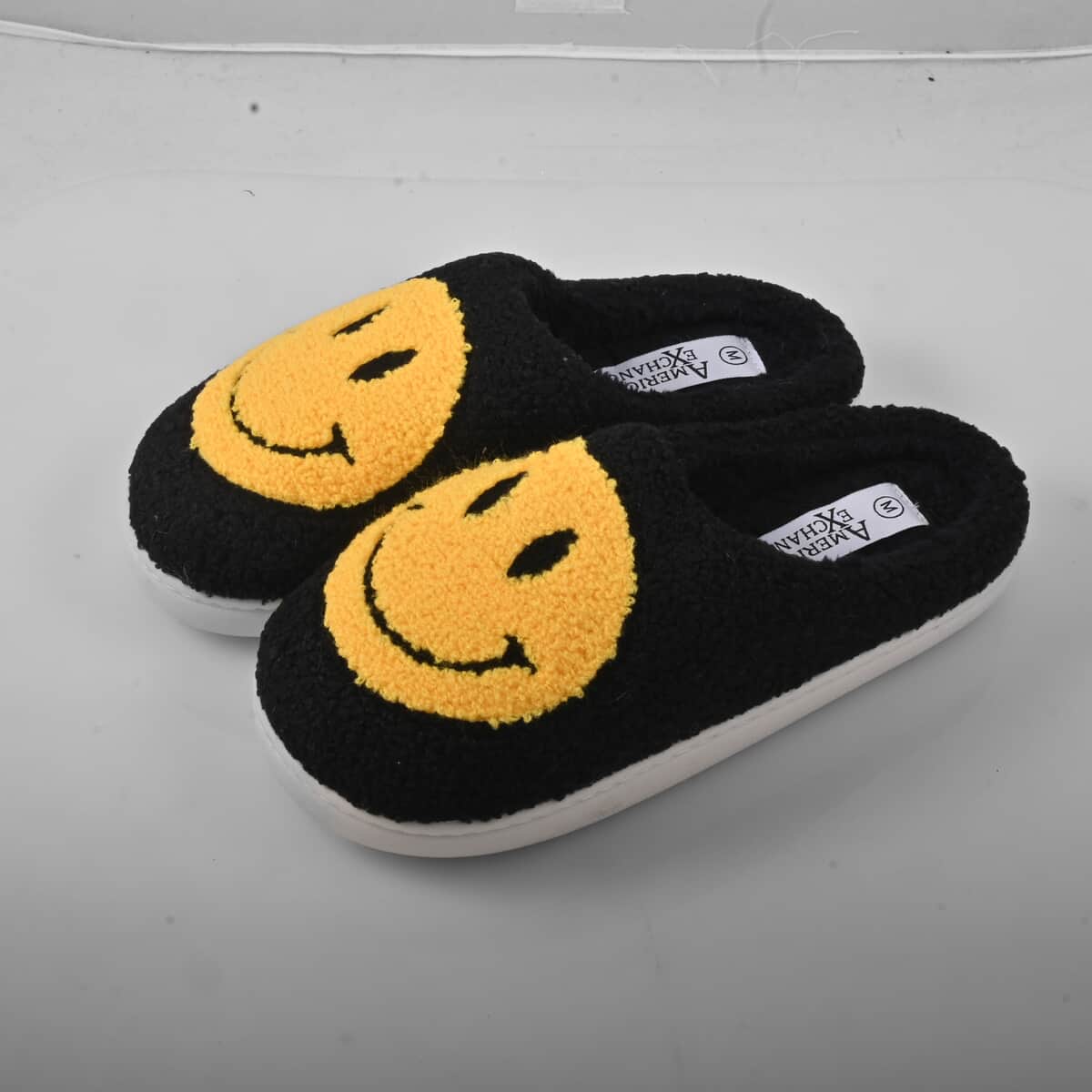 American Exchange Women's Black Smiley Face Memory Foam Slippers - Large (Ships in 5 Business Days) image number 1