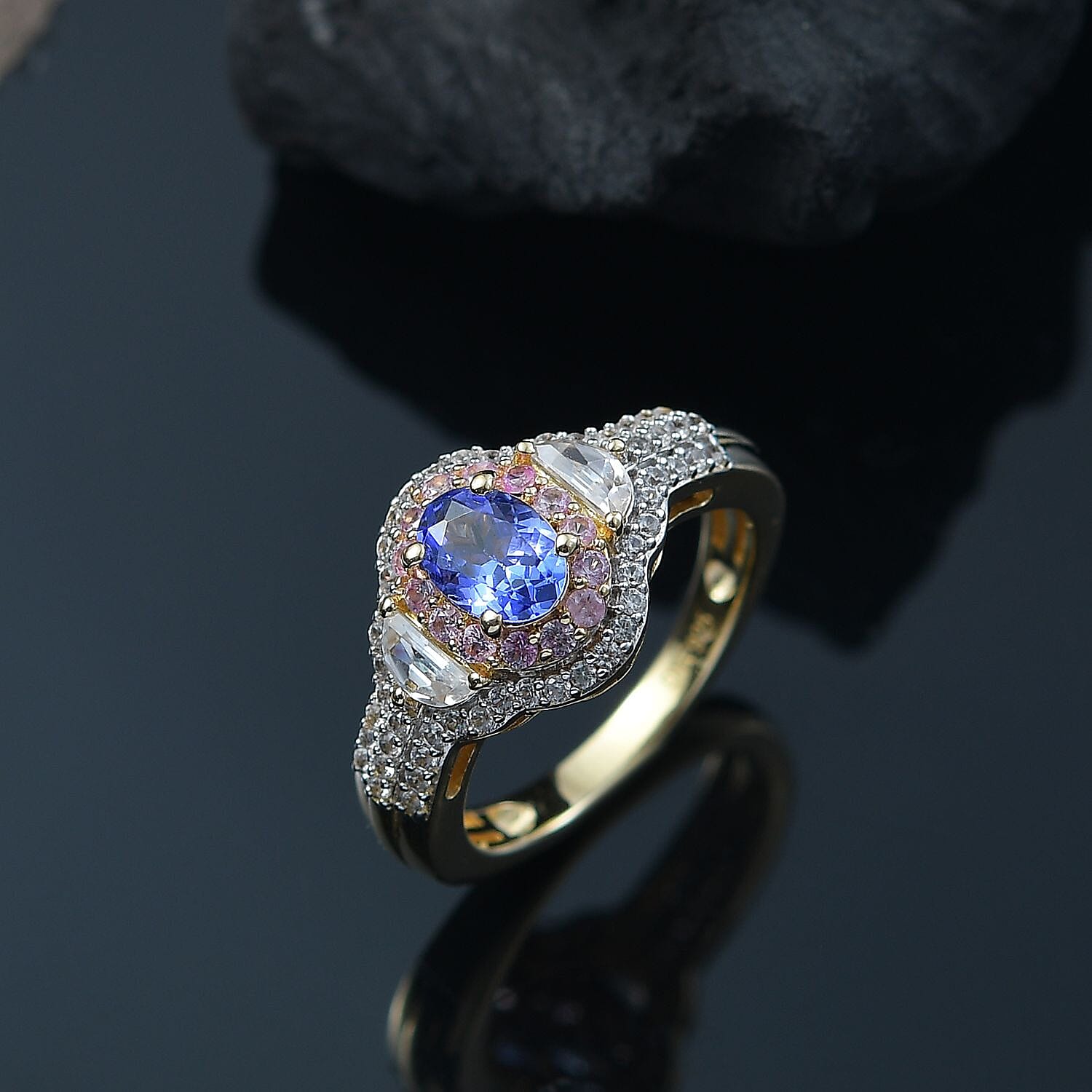 D'Joy Premium Tanzanite and Multi Gemstone 2.20 ctw Art Deco Ring in 18K Vermeil Yellow Gold Over Sterling Silver (Size 7.0)