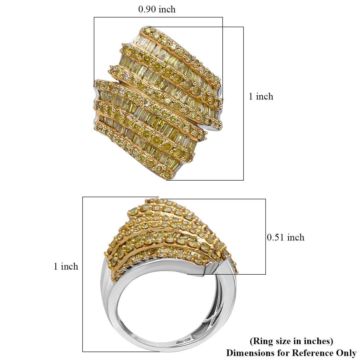 Yellow Diamond 2.00 ctw Bypass Ring in Platinum Over Sterling Silver (Size 6.0) image number 4