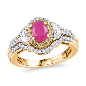 AAA Royal Ruby and Multi Gemstone 2.40 ctw Art Deco Ring in 18K Vermeil Yellow Gold Over Sterling Silver (Size 7.0)