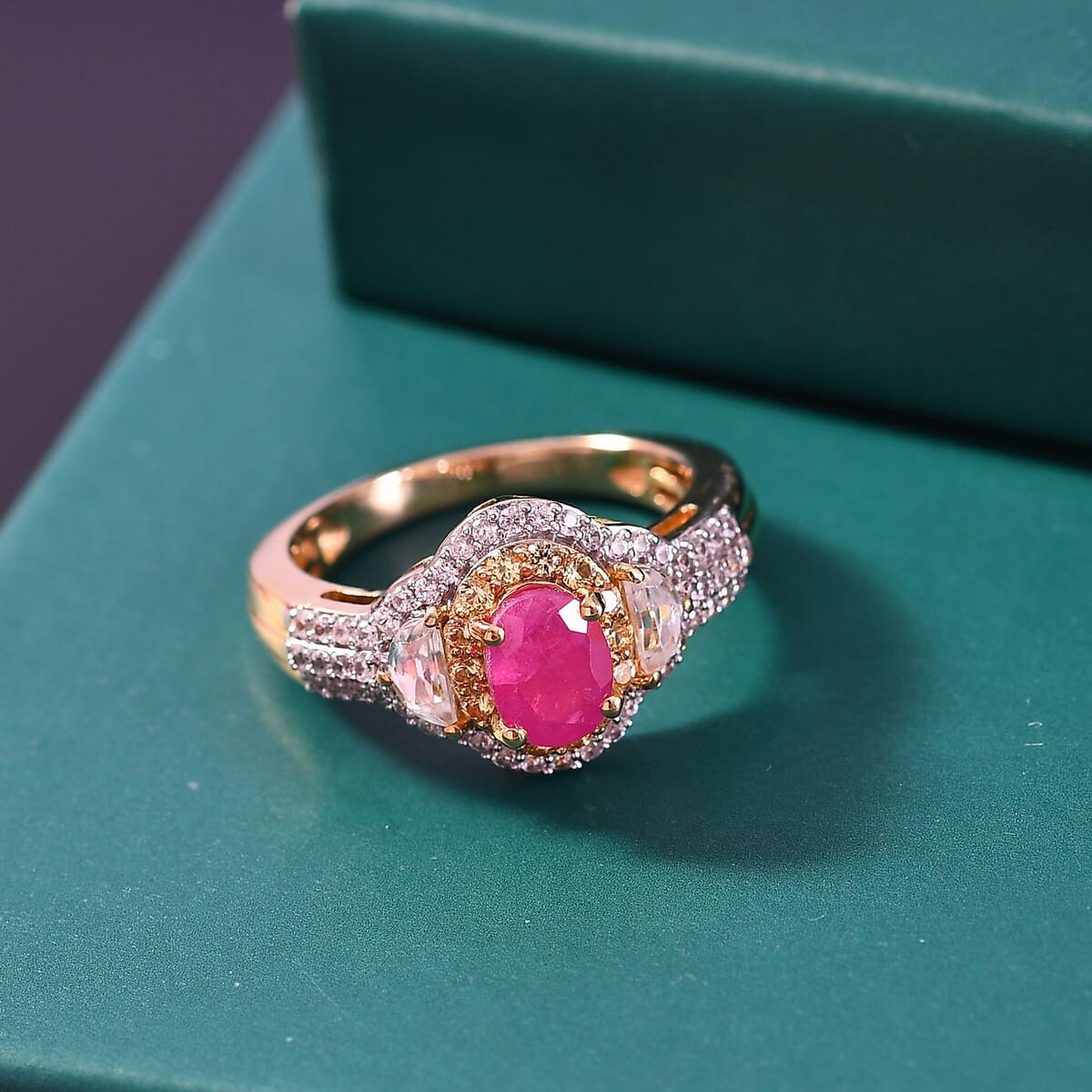 AAA Royal Ruby and Multi Gemstone 2.40 ctw Art Deco Ring in 18K Vermeil Yellow Gold Over Sterling Silver (Size 7.0) image number 1