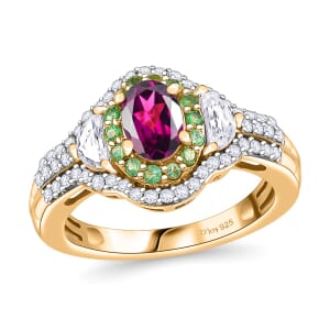Premium Radiant Ember Garnet and Multi Gemstone 2.35 ctw Art Deco Ring in 18K Vermeil Yellow Gold Over Sterling Silver (Size 10.0)