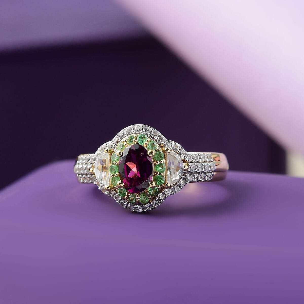 Premium Radiant Ember Garnet and Multi Gemstone 2.35 ctw Art Deco Ring in 18K Vermeil Yellow Gold Over Sterling Silver (Size 10.0) image number 1