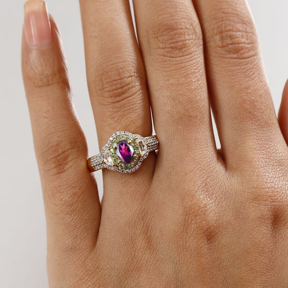 Premium Radiant Ember Garnet and Multi Gemstone 2.35 ctw Art Deco Ring in 18K Vermeil Yellow Gold Over Sterling Silver (Size 10.0) image number 2