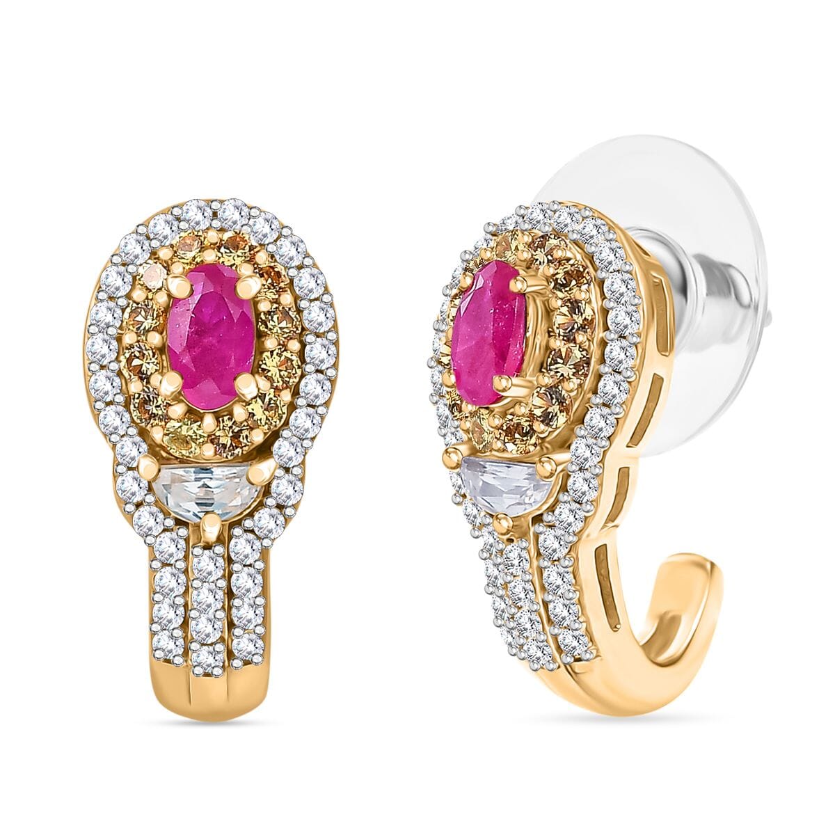 Premium Royal Ruby and Multi Gemstone 2.20 ctw J-Hoop Earrings in 18K Vermeil Yellow Gold Over Sterling Silver image number 0