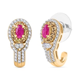 Premium Royal Ruby and Multi Gemstone 2.20 ctw J-Hoop Earrings in 18K Vermeil Yellow Gold Over Sterling Silver