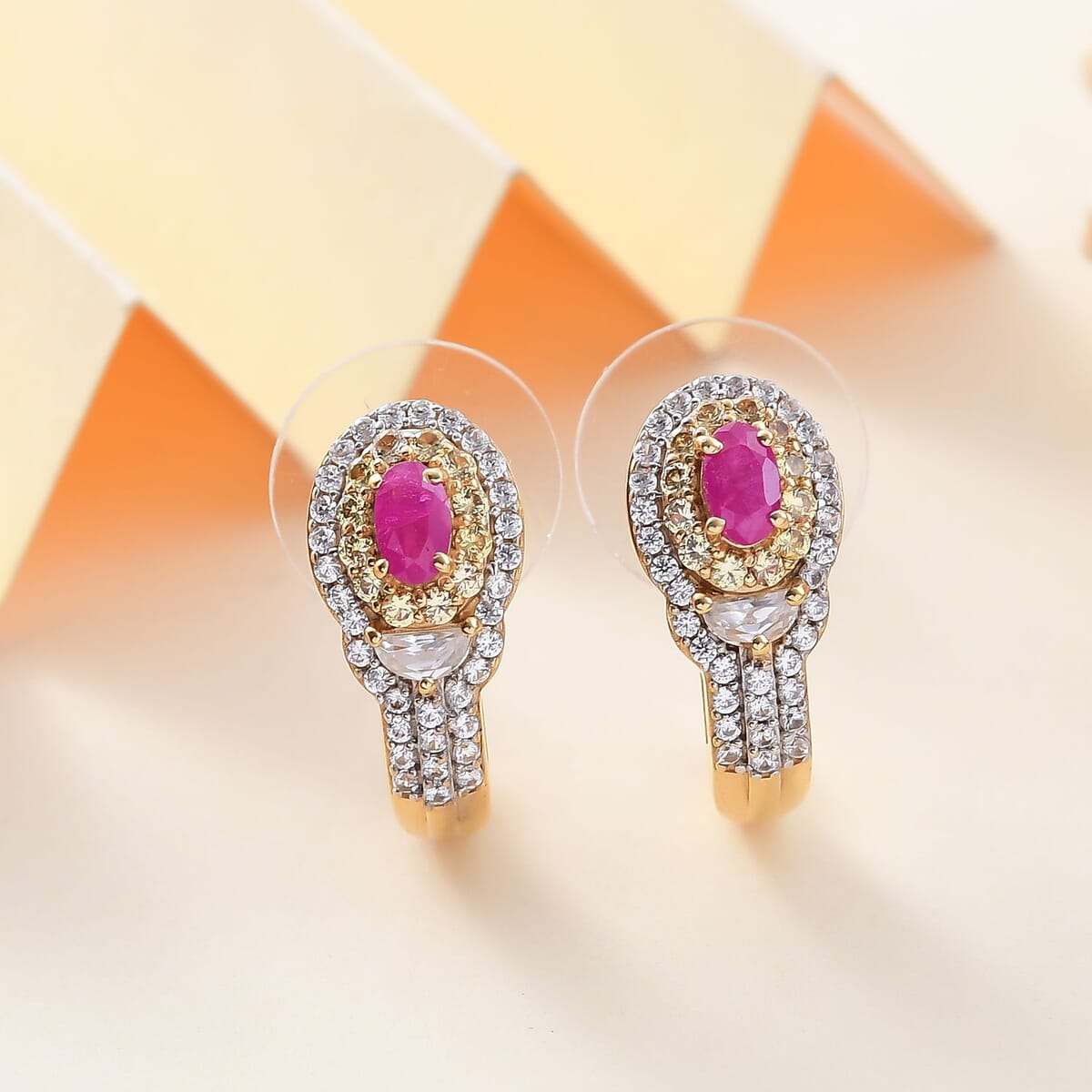 Premium Royal Ruby and Multi Gemstone 2.20 ctw J-Hoop Earrings in 18K Vermeil Yellow Gold Over Sterling Silver image number 1