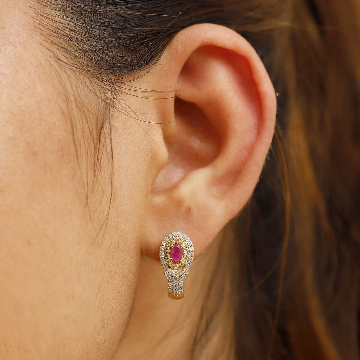 Premium Royal Ruby and Multi Gemstone 2.20 ctw J-Hoop Earrings in 18K Vermeil Yellow Gold Over Sterling Silver image number 2