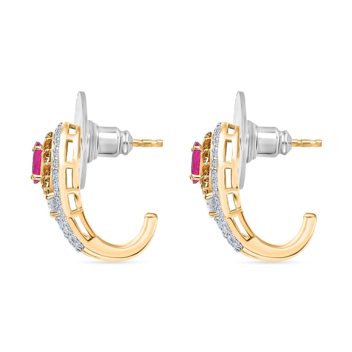 Premium Royal Ruby and Multi Gemstone 2.20 ctw J-Hoop Earrings in 18K Vermeil Yellow Gold Over Sterling Silver image number 3