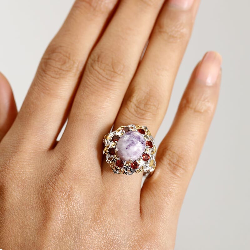 D'Joy Utah Tiffany Stone and Mozambique Garnet 6.10 ctw Royal Amour Ring in 14K YG and Platinum Over Sterling Silver (Size 10.0)