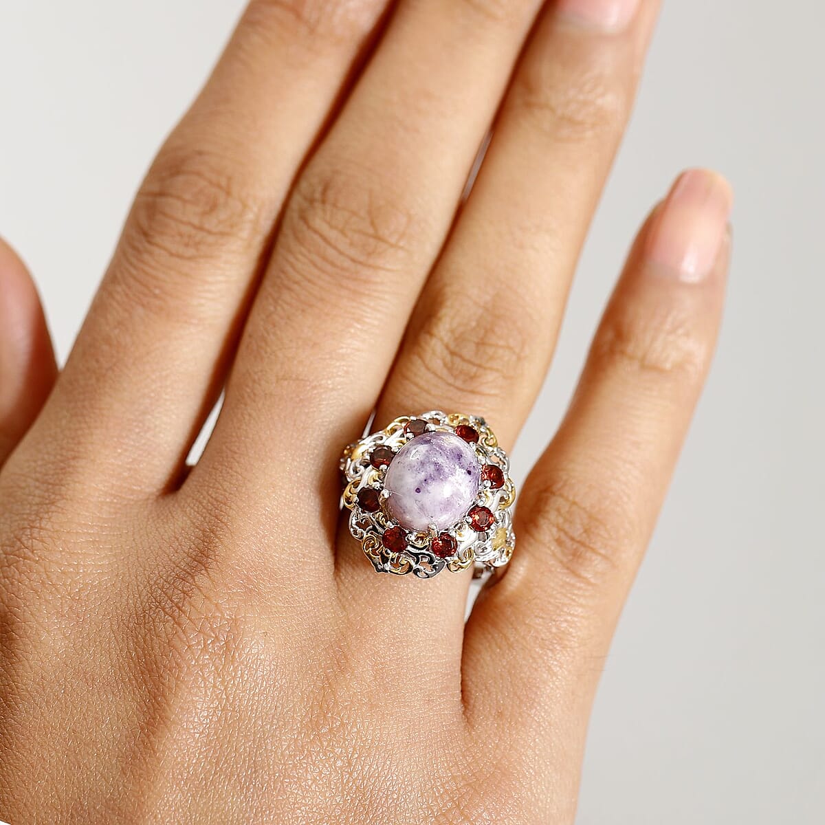 Utah Tiffany Stone and Mozambique Garnet 6.10 ctw Royal Amour Ring in 14K YG and Platinum Over Sterling Silver (Size 9.0) image number 2