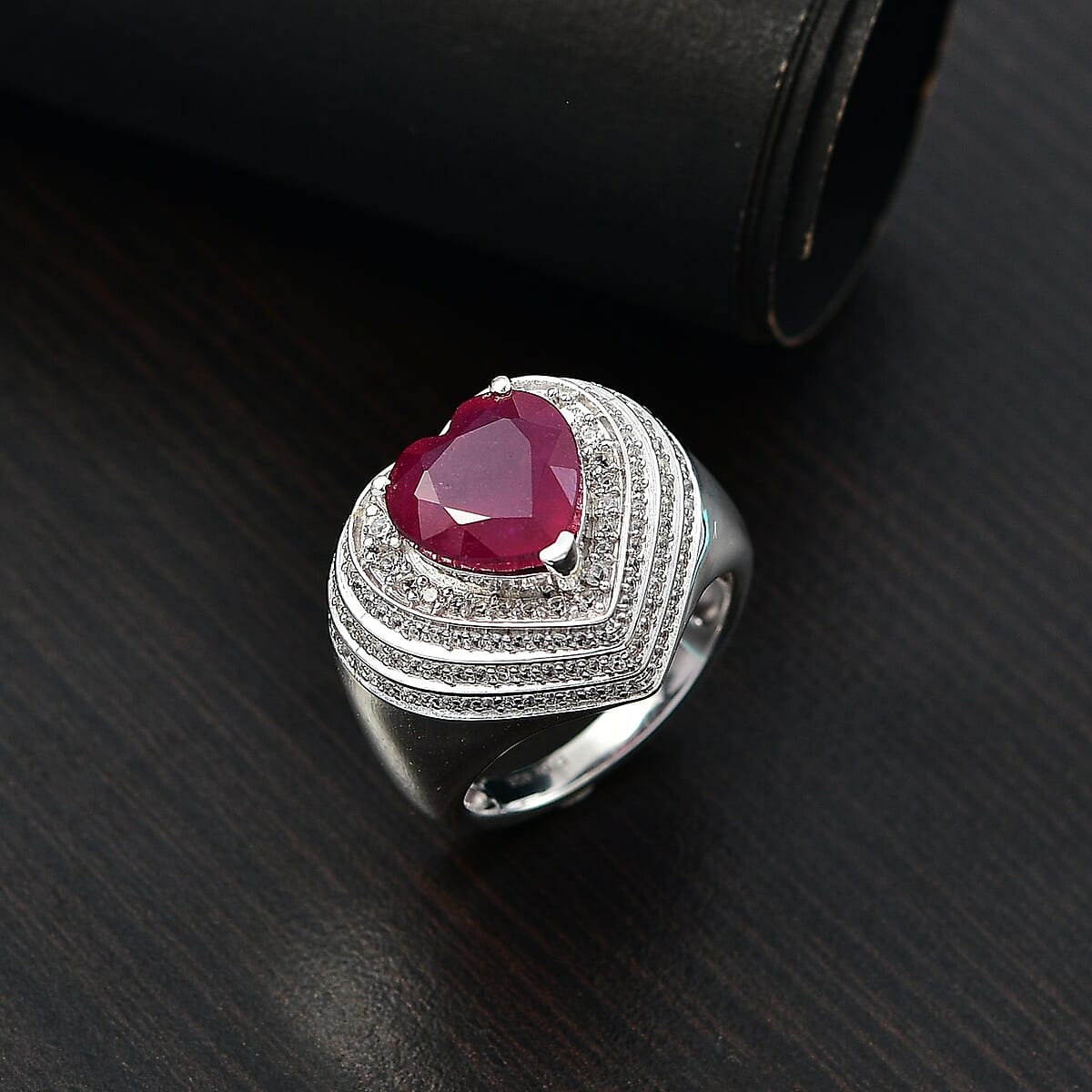 D'Joy Niassa Ruby (FF) and White Zircon 6.60 ctw Heart Ring in Rhodium Over Sterling Silver (Size 6.0) image number 1