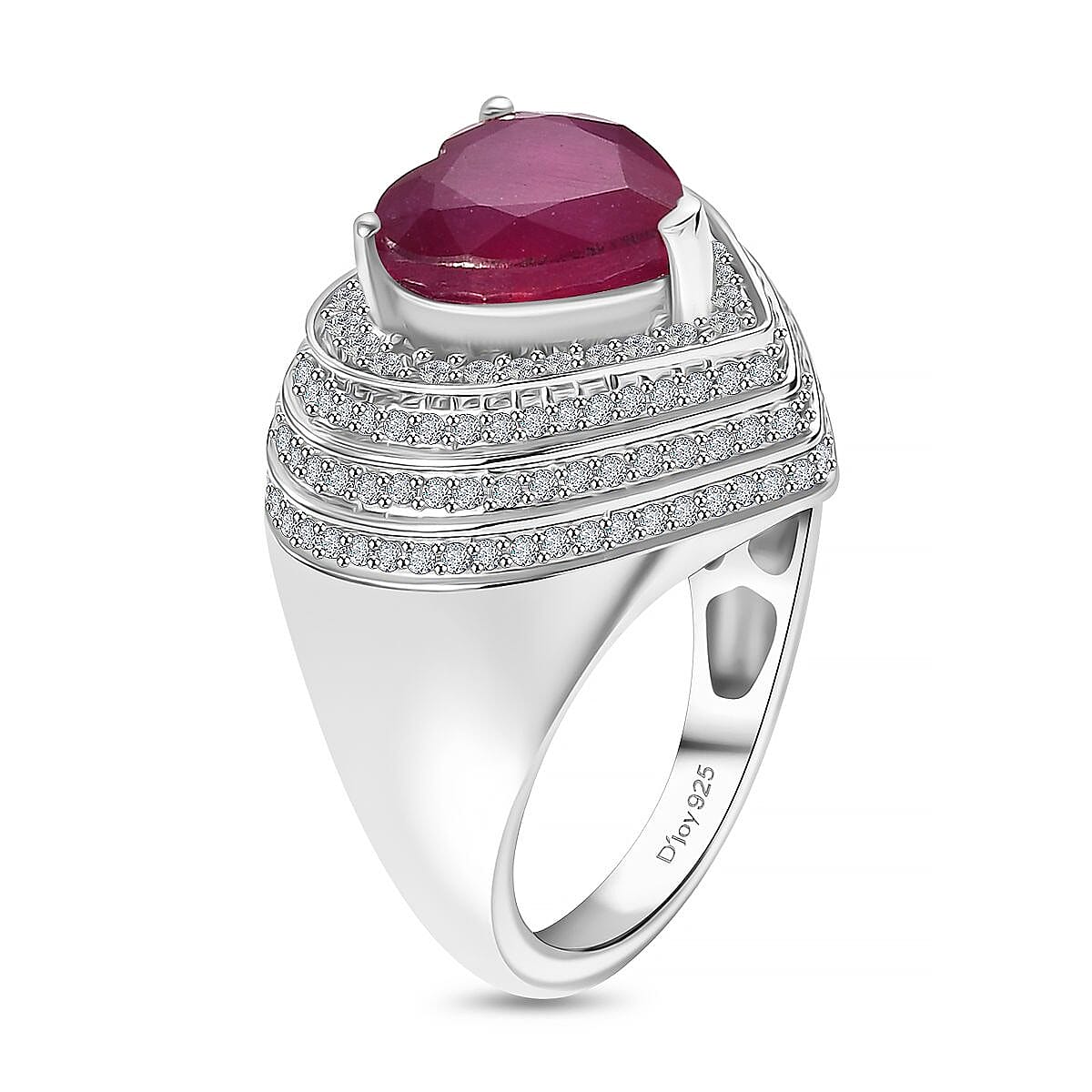 D'Joy Niassa Ruby (FF) and White Zircon 6.60 ctw Heart Ring in Rhodium Over Sterling Silver (Size 6.0) image number 3