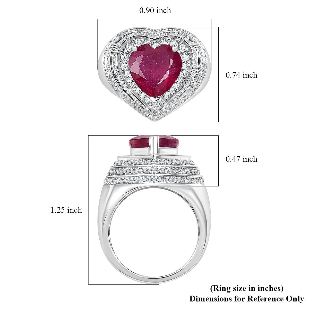 D'Joy Niassa Ruby (FF) and White Zircon 6.60 ctw Heart Ring in Rhodium Over Sterling Silver (Size 6.0) image number 5
