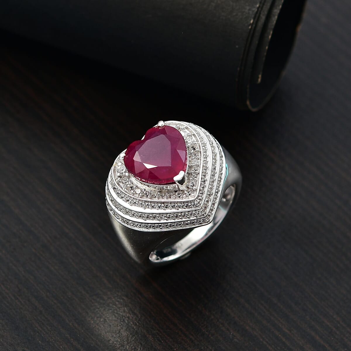 Niassa Ruby(FF) and White Zircon 6.60 ctw Heart Ring in Rhodium Over Sterling Silver (Size 9.0) image number 1