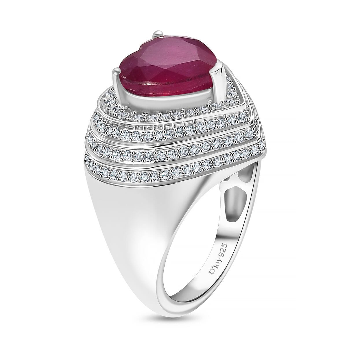 Niassa Ruby(FF) and White Zircon 6.60 ctw Heart Ring in Rhodium Over Sterling Silver (Size 9.0) image number 3