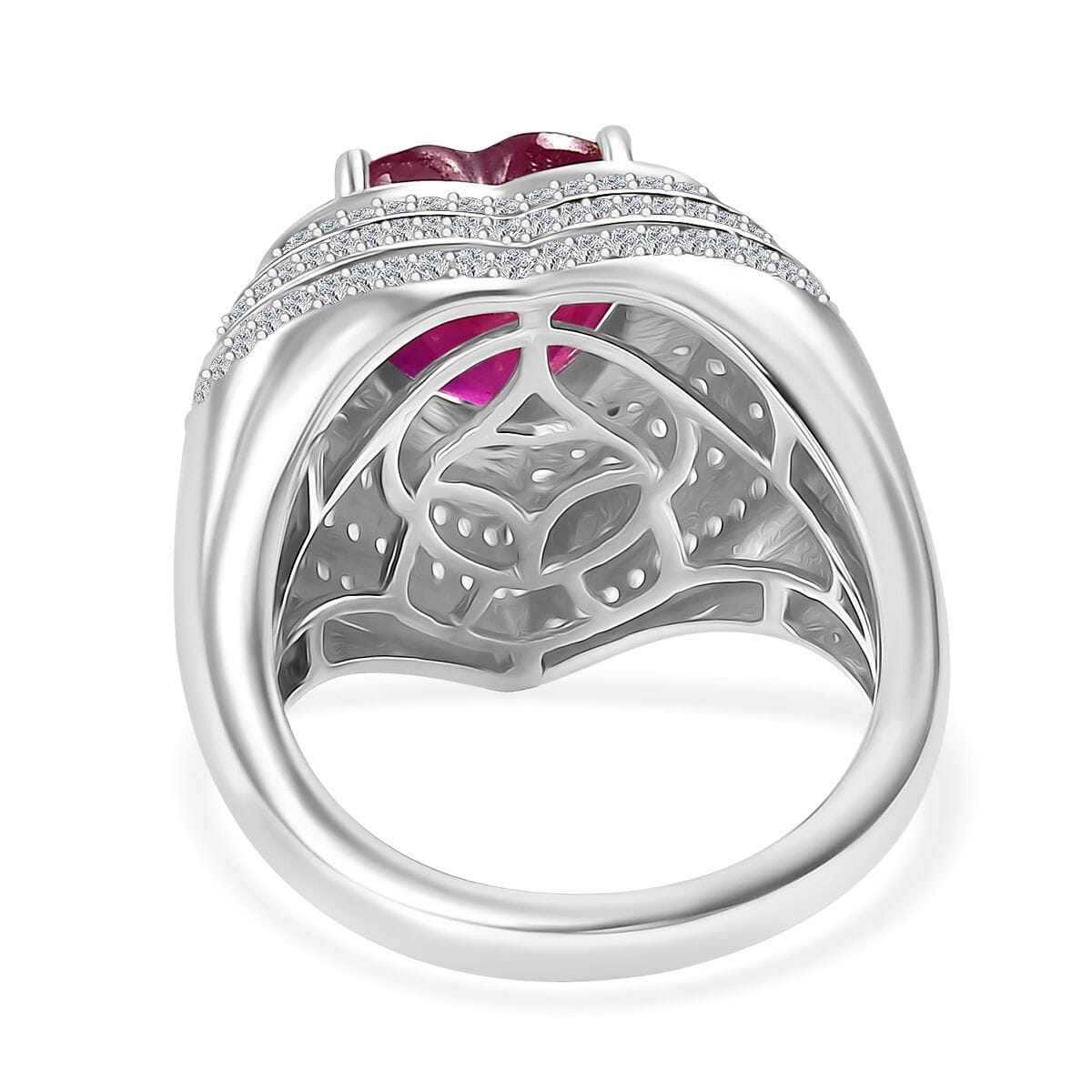 Niassa Ruby(FF) and White Zircon 6.60 ctw Heart Ring in Rhodium Over Sterling Silver (Size 9.0) image number 4