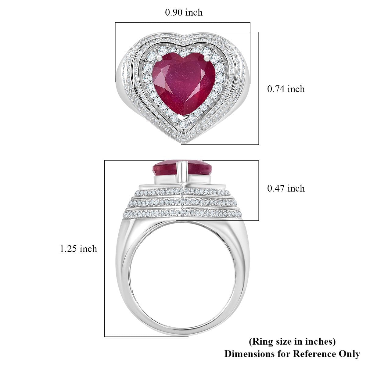 Niassa Ruby(FF) and White Zircon 6.60 ctw Heart Ring in Rhodium Over Sterling Silver (Size 9.0) image number 5