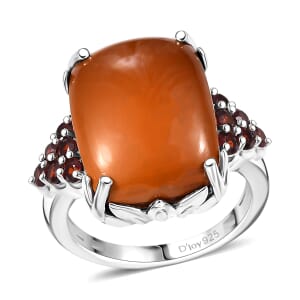 Caramel Opal and Mozambique Garnet 9.85 ctw Floral Ring in Platinum Over Sterling Silver (Size 10.0)