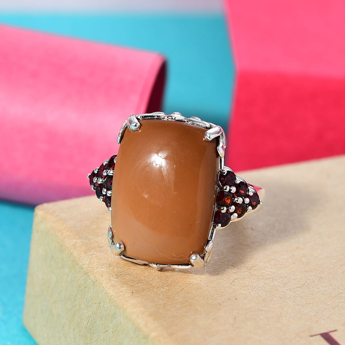Caramel Opal and Mozambique Garnet 9.85 ctw Floral Ring in Platinum Over Sterling Silver (Size 8.0) image number 1