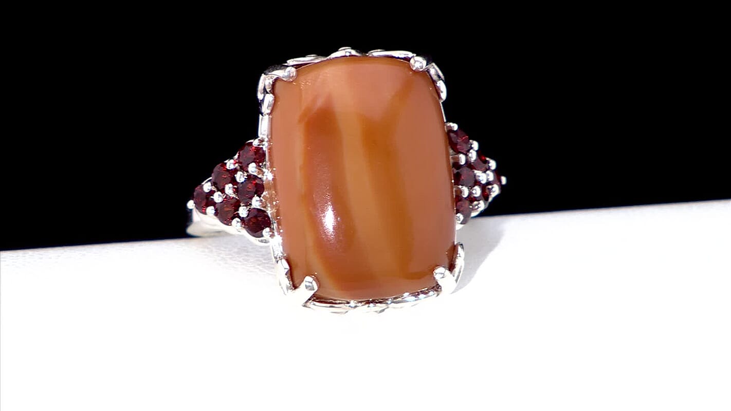 Caramel Opal, Mozambique Garnet Floral Ring in Platinum Over Sterling Silver (Size 10.0) 9.85 ctw