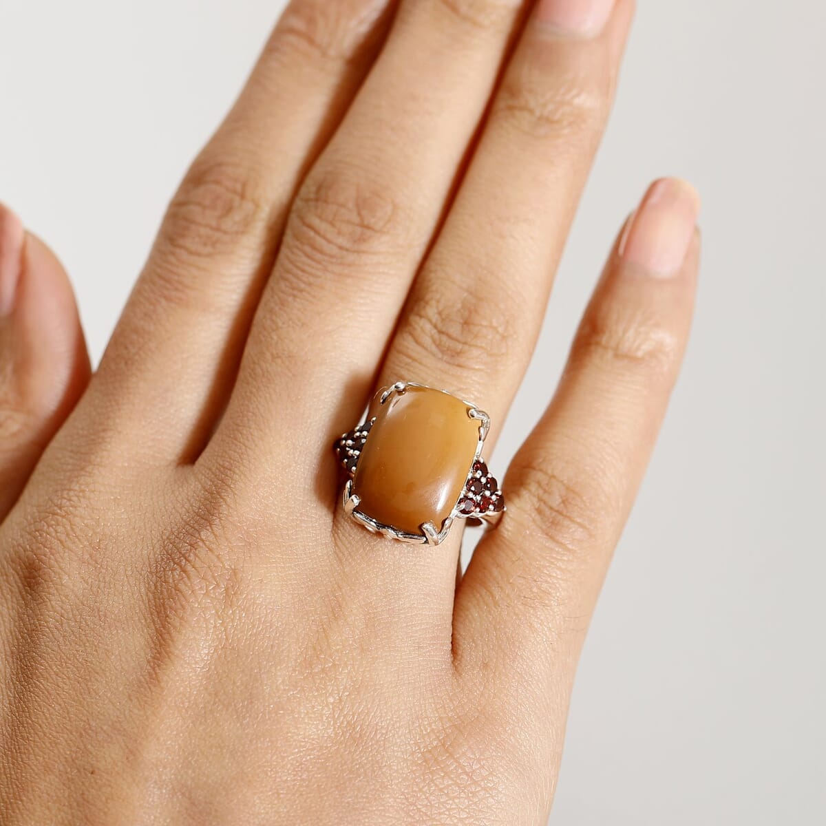 Caramel Opal and Mozambique Garnet 9.85 ctw Floral Ring in Platinum Over Sterling Silver (Size 8.0) image number 2