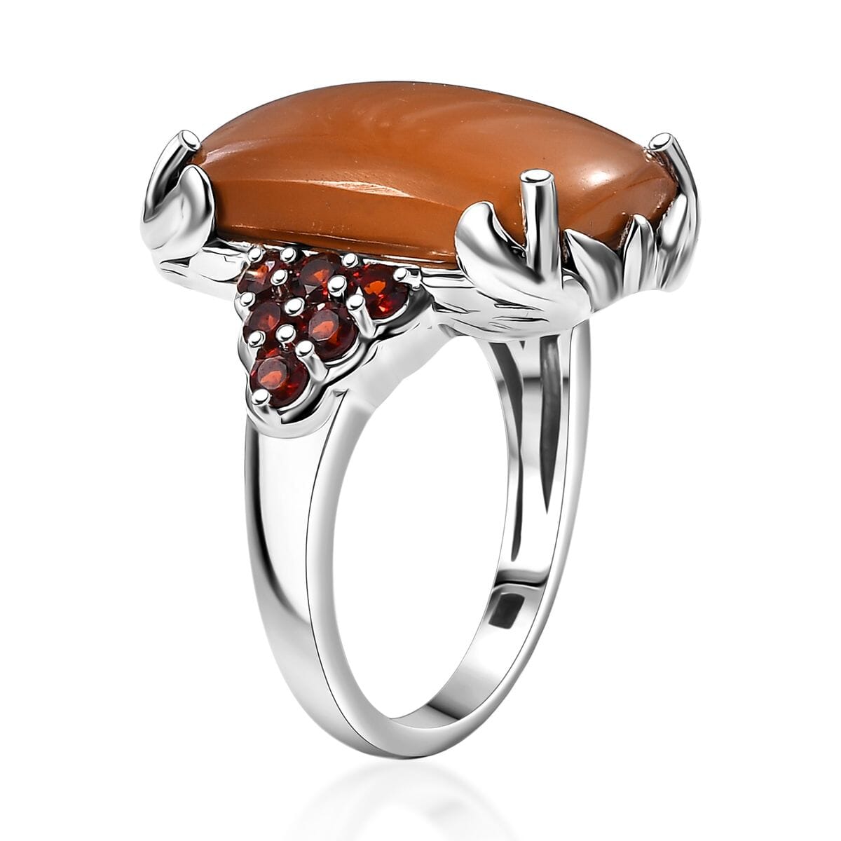 Caramel Opal and Mozambique Garnet 9.85 ctw Floral Ring in Platinum Over Sterling Silver (Size 8.0) image number 3