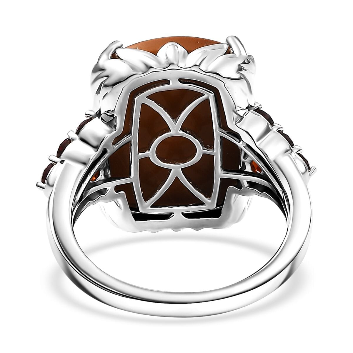 Caramel Opal and Mozambique Garnet 9.85 ctw Floral Ring in Platinum Over Sterling Silver (Size 8.0) image number 4