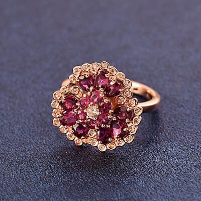 D'Joy AAA Radiant Ember Garnet and White Zircon 3.15 ctw Peacock Feather Ring in 18K Vermeil Rose Gold Over Sterling Silver (Size 10.0)