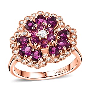 D'Joy AAA Radiant Ember Garnet and White Zircon 3.15 ctw Peacock Feather Ring in 18K Vermeil Rose Gold Over Sterling Silver (Size 7.0)