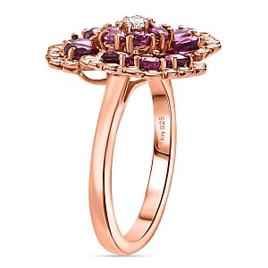 D'Joy AAA Radiant Ember Garnet and White Zircon 3.15 ctw Peacock Feather Ring in 18K Vermeil Rose Gold Over Sterling Silver (Size 7.0)