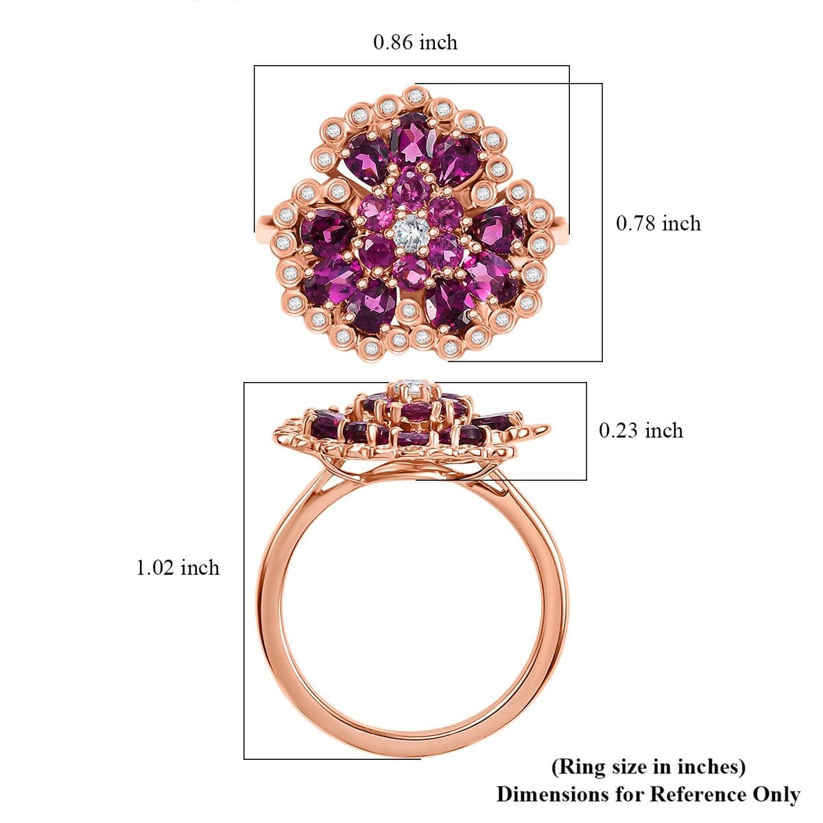 AAA Radiant Ember Garnet and White Zircon 3.15 ctw Peacock Feather Ring in 18K Vermeil Rose Gold Over Sterling Silver (Size 8.0) image number 5