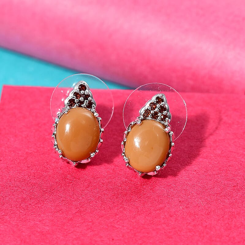 D'Joy Caramel Opal and Mozambique Garnet 4.00 ctw Floral Earrings in Platinum Over Sterling Silver
