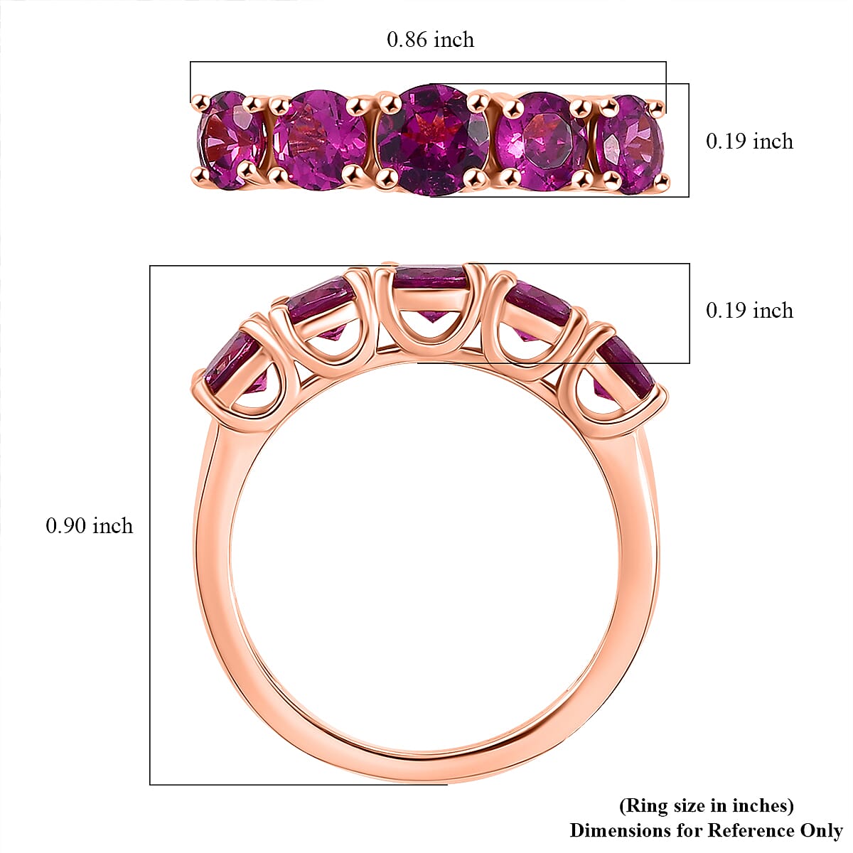 D'Joy AAA Radiant Ember Garnet 2.25 ctw 5 Stone Ring in 18K Vermeil Rose Gold Sterling Silver (Size 6.0) image number 5