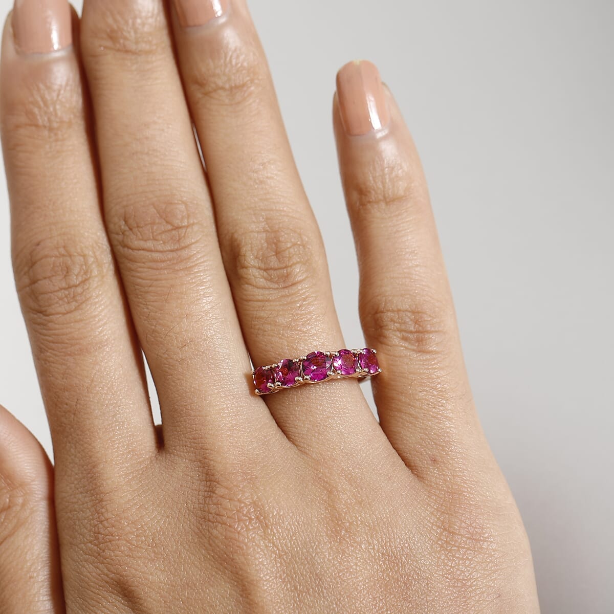 AAA Radiant Ember Garnet 2.25 ctw 5 Stone Ring in 18K Vermeil Rose Gold Sterling Silver (Size 8.0) image number 2