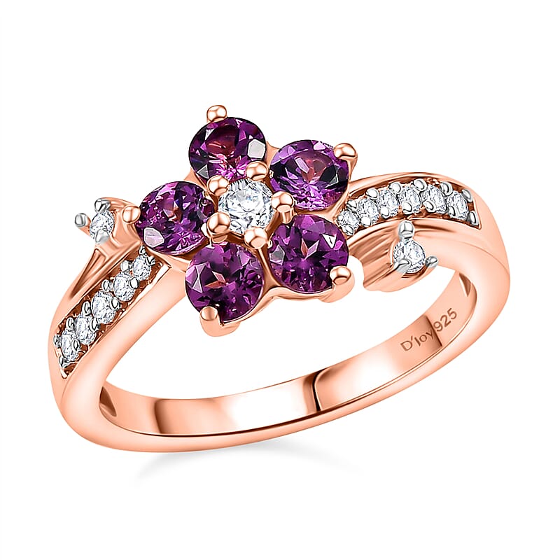 D'Joy AAA Radiant Ember Garnet and White Zircon 1.35 ctw Floral Ring in 18K Vermeil Rose Gold Sterling Silver (Size 10.0)