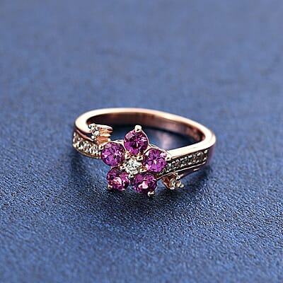 D'Joy AAA Radiant Ember Garnet and White Zircon 1.35 ctw Floral Ring in 18K Vermeil Rose Gold Sterling Silver (Size 10.0)
