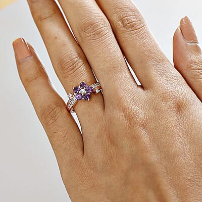 D'Joy AAA Radiant Ember Garnet and White Zircon 1.35 ctw Floral Ring in 18K Vermeil Rose Gold Sterling Silver (Size 10.0)