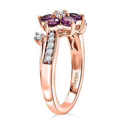 D'Joy AAA Radiant Ember Garnet and White Zircon 1.35 ctw Floral Ring in 18K Vermeil Rose Gold Sterling Silver (Size 10.0)
