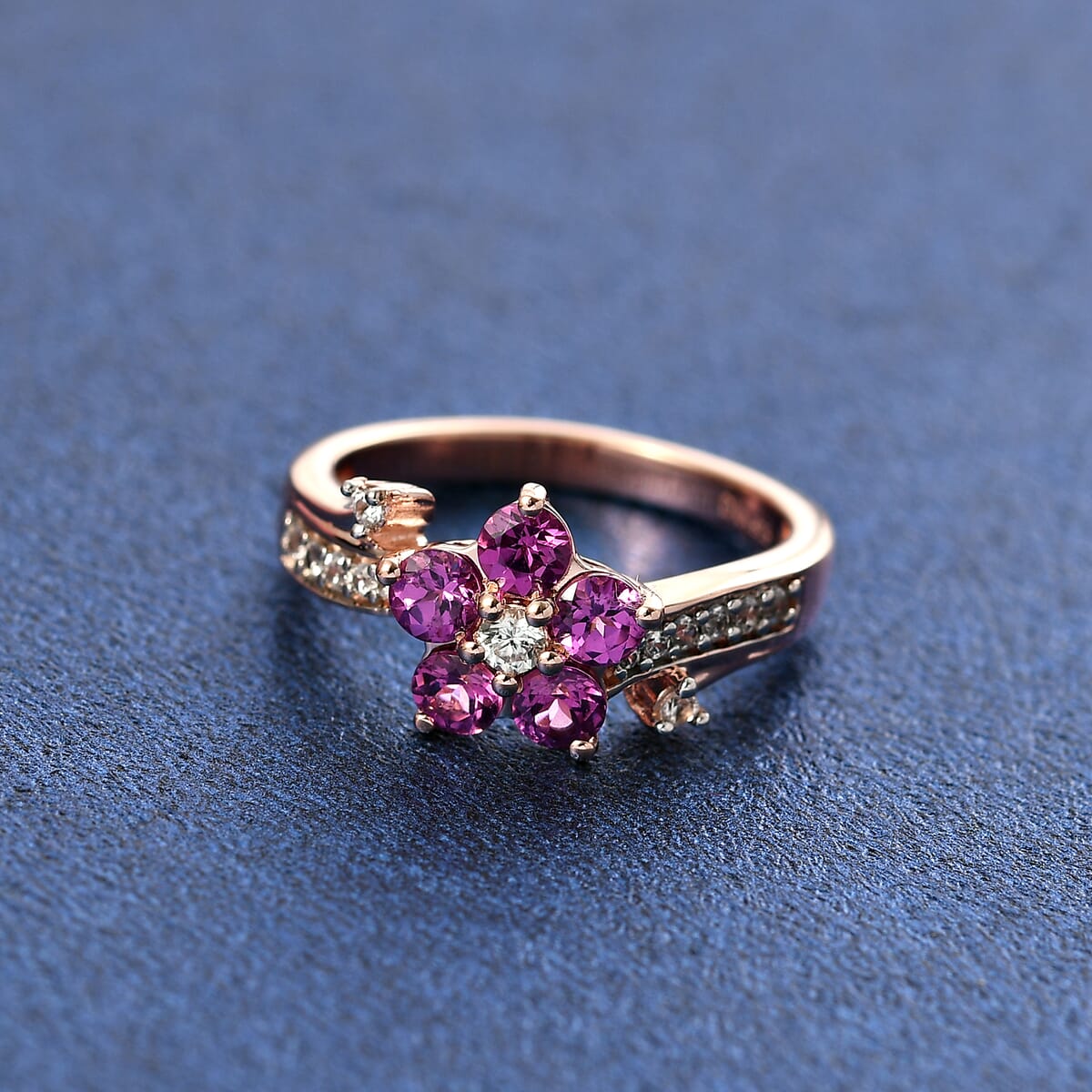 AAA Radiant Ember Garnet and White Zircon 1.35 ctw Floral Ring in 18K Vermeil Rose Gold Sterling Silver (Size 5.0) image number 1