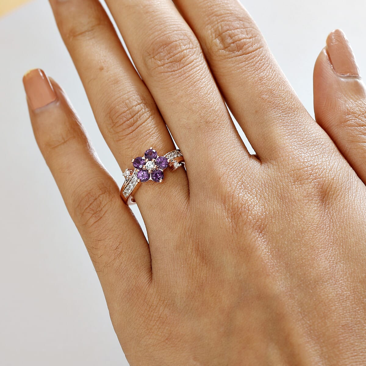 AAA Radiant Ember Garnet and White Zircon 1.35 ctw Floral Ring in 18K Vermeil Rose Gold Sterling Silver (Size 5.0) image number 2