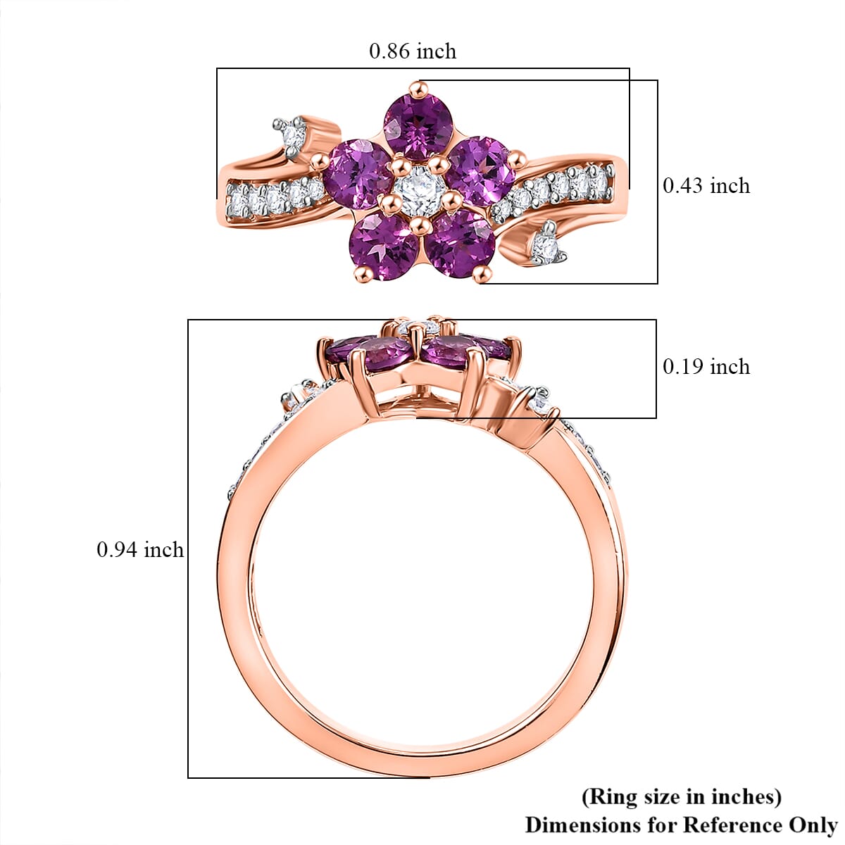 AAA Radiant Ember Garnet and White Zircon 1.35 ctw Floral Ring in 18K Vermeil Rose Gold Sterling Silver (Size 5.0) image number 5
