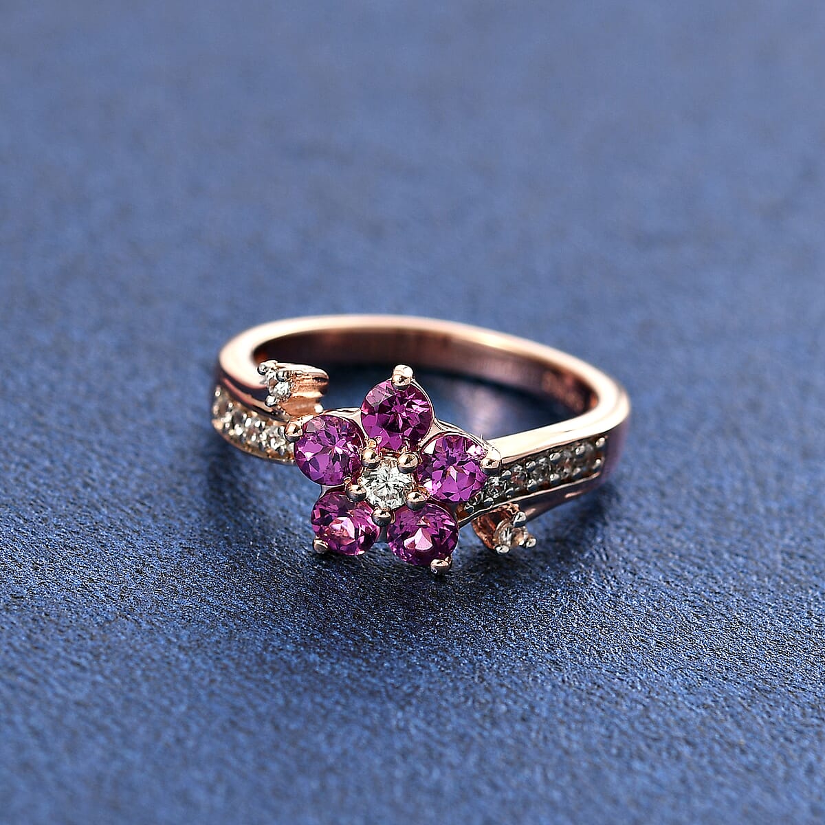 D'Joy AAA Radiant Ember Garnet and White Zircon 1.35 ctw Floral Ring in 18K Vermeil Rose Gold Sterling Silver (Size 7.0) image number 1