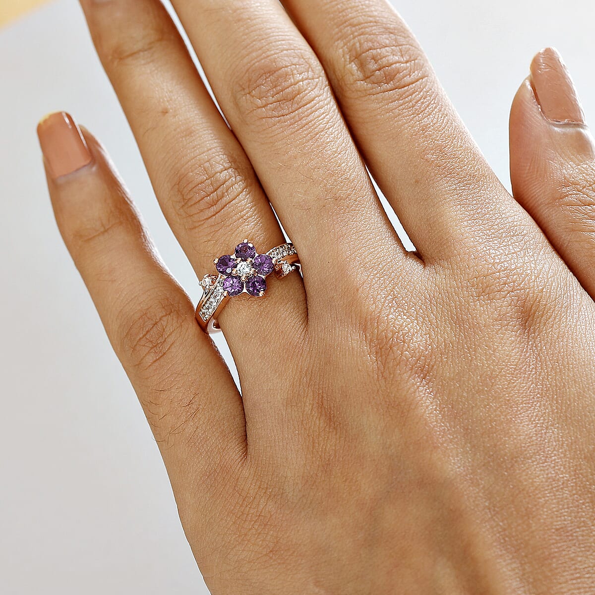 D'Joy AAA Radiant Ember Garnet and White Zircon 1.35 ctw Floral Ring in 18K Vermeil Rose Gold Sterling Silver (Size 7.0) image number 2