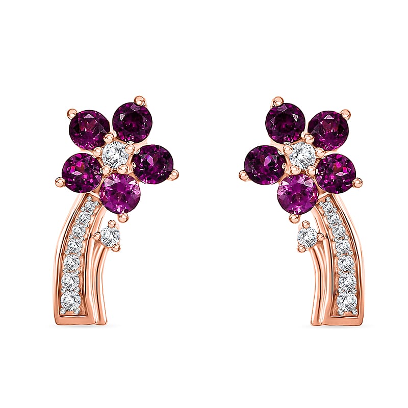 D'Joy AAA Radiant Ember Garnet and White Zircon 1.90 ctw Floral Earrings in 18K Vermeil Rose Gold Sterling Silver